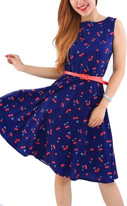 YMING Women 1950s Sleeveless Vintage Swing Dresses Party Cocktail Floral 4 Dress Blue,L