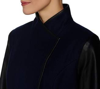 Dennis Basso Envelope Collar Wool Blend & Faux Leather Coat
