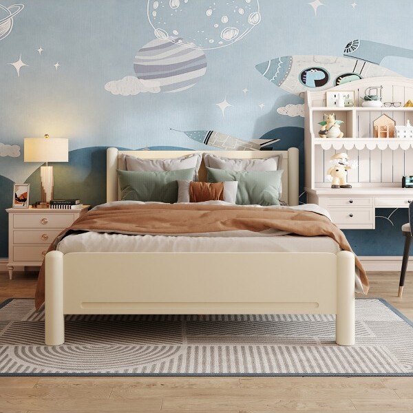 YIDA NATURAL QueenSizeWoodPlatformBedwithHeadboardandWoodenSlatSupportforBedroomorApartment