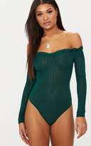 Thumbnail for your product : PrettyLittleThing Emerald Green Mesh Stripe Bardot Long Sleeve Thong Bodysuit