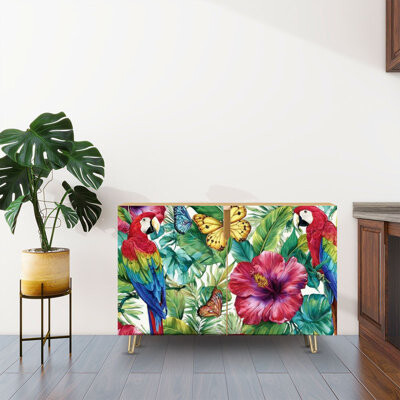 Sideboard Buffet Cabinet with Storage Jungle palm leaves tropical butterflies parrots macaw watercolor with 2 Doors for Living Room and Kitchen