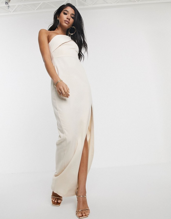 vesper bandeau midi dress with thigh split in stone
