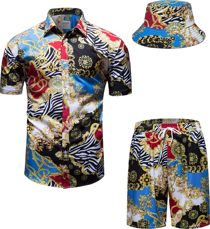fohemr Mens Luxury Short Set Outfit Baroque 2 Piece Hawaiian Outfits