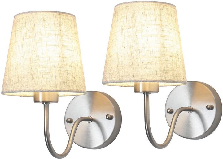 ETONIMERR (Set of 2)10.78 in. 1-Light Silver Rustic Wall Sconce Light with Linen Beige Fabric Shade for Toilet, Hallway, Staircase