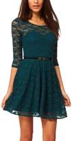 Thumbnail for your product : fashionbeautybuy Women Round Neck Midi Skater Dress 3/4 Sleeve Hollow Out Lace Cocktail Dress Waist Belt (L, )