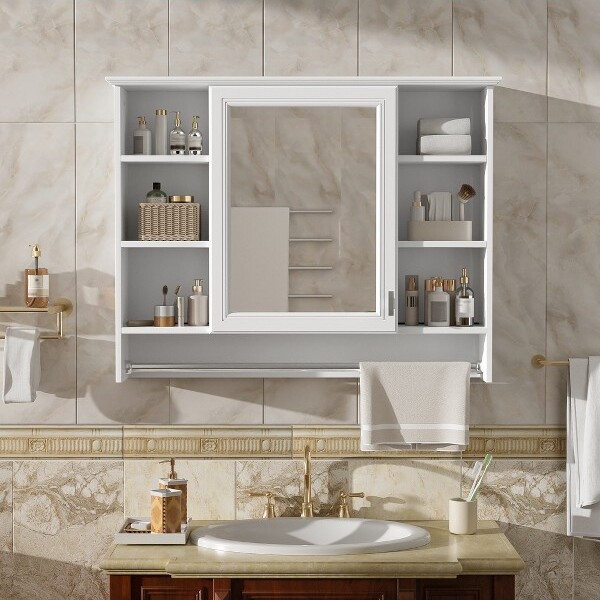 Racxily36Inch3in1WallMountedBathroomMirrorCabinetwithAdjustableShelfSoftCloseDoorHighDefinitionMirrorandStorage