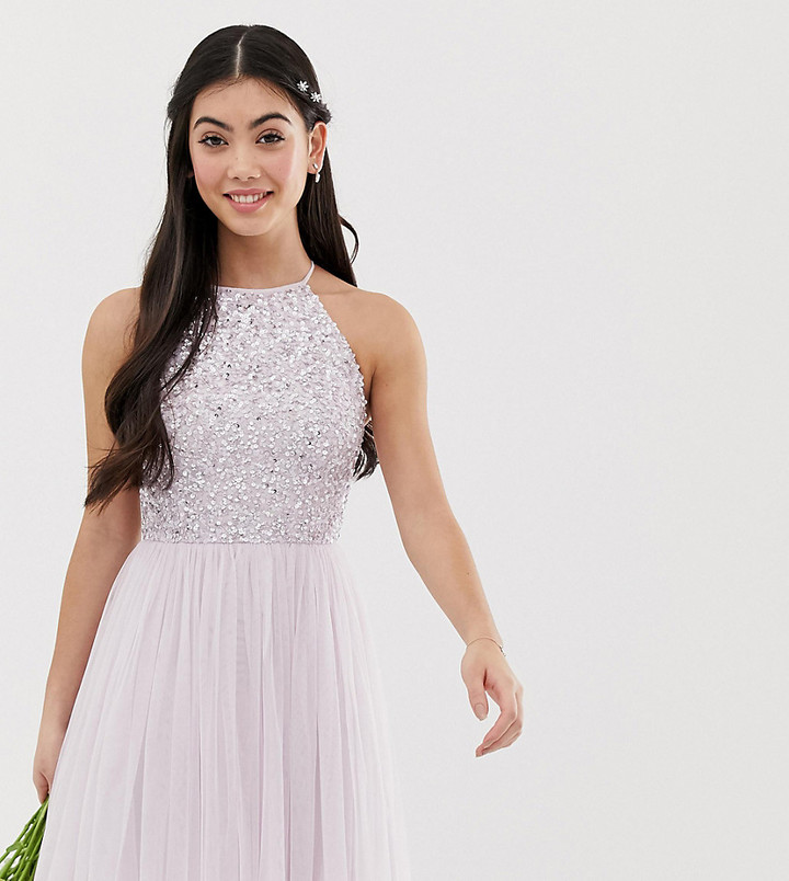Maya Petite Bridesmaid halter neck mini tulle dress with tonal delicate  sequins in soft lilac - ShopStyle
