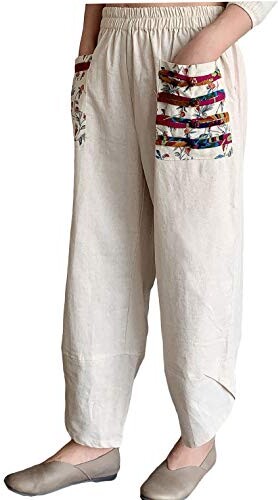FTCayanz Women's Linen Cropped Trousers Splice Harem Pants Baggy ...