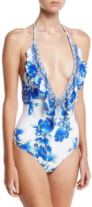 Camilla Embellished Plunging V-Neck Halter One-Piece Swimsuit, Ring of Roses