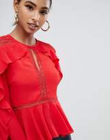 Thumbnail for your product : Missguided ruffle trim lace insert blouse in red