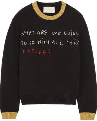 Gucci Embroidered Metallic-trimmed Wool Sweater - Black