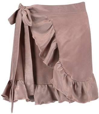 boohoo Tie Waist Wrap Ruffle Sateen Mini Skirt