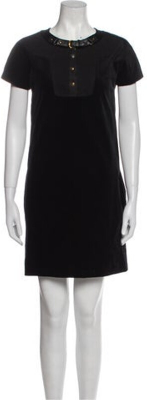 Gucci Velvet Shift Dress Black Leather Trim Embellishment Short Sleeve with Crew Neck Button Closure at Front Designer
