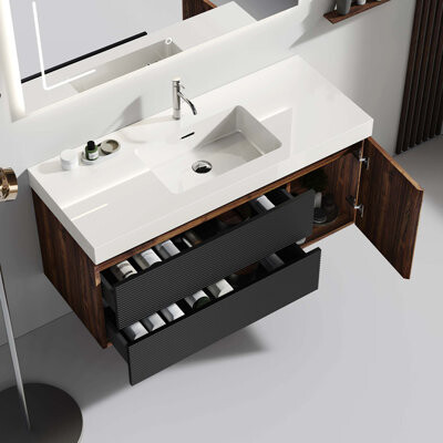 KUNMINGZHUANGZHEN Grace 48" Bathroom Vanity With Glossy Solid Surface Sink And Soft Drawers, Wall Mounted Floating Bathroom Vanity For Modern Bathroom, One-Piece Glossy