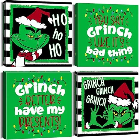 Ohok 4 Panels Modern Prints Artwork Pictures Photo Paintings Print on Canvas Wall Art for Home Walls Decor Stretched and Framed Ready to Hang 12x12 inches (Christmas Grinch)