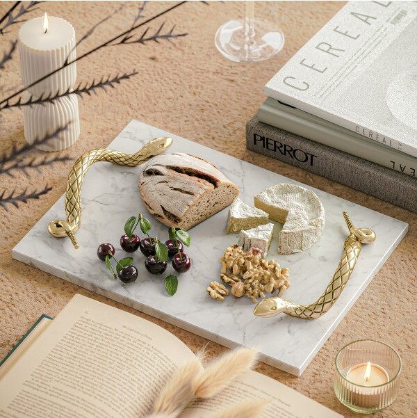 Royal Hampton Marble Decorative Serving Tray with Brass Snake Handles, White