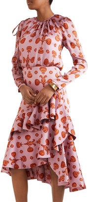 Johanna Ortiz Acordeon Del Mar Ruffled Printed Plisse-satin Dress