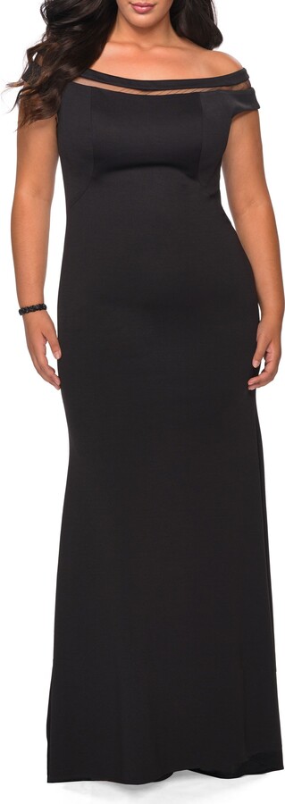 La Femme Off The Shoulder Plus Size Gown with Sheer Neckline Detail