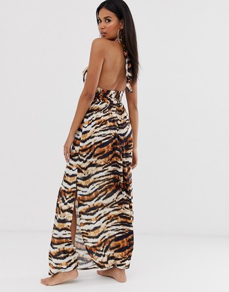 ASOS DESIGN DESIGN cross neck split front maxi dress in tiger animal print