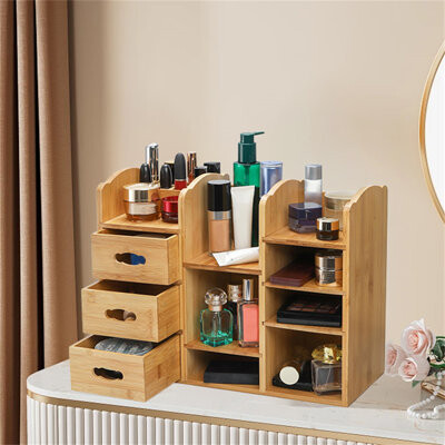 Rebrilliant Bamboo Cosmetics Storage Box With Drawers Multifunctional Dressing Table Cosmetics Storage Rack Desktop Storage Rack Suitable For Skincare Products
