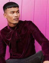 Thumbnail for your product : ASOS DESIGN regular fit velvet shirt with pussybow neck tie in deep purple