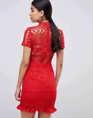 Love Triangle crochet lace high neck mini dress