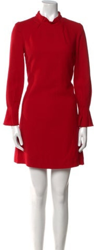 Goat Wool Sheath Dress Red Long Sleeve with Mock Neck