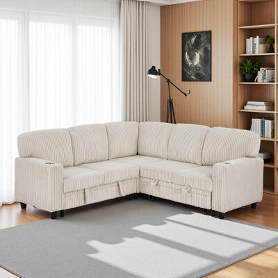Latitude Run L-Shaped Sectional Sofa Bed With Pull-Out Bed & Storage, 5-Seat Sleeper Couch With USB Charging, Convertible Design For Living Room, Apartment, Cordur