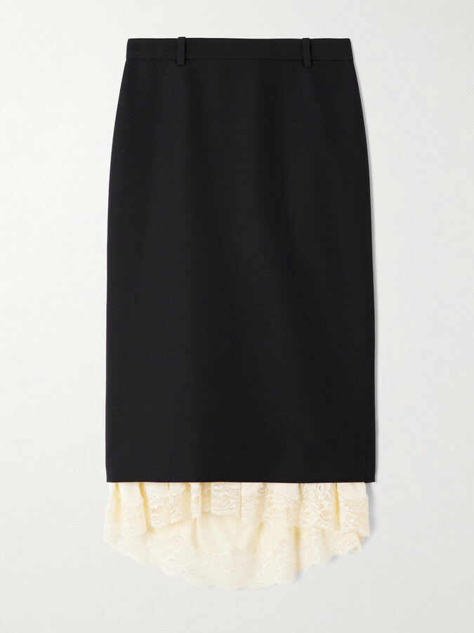 Balenciaga Lace-trimmed Wool Midi Skirt - Black