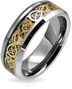 Dragon Optical Bling Jewelry Tungsten Celtic Gold Plated Black Inlay Wedding Ring