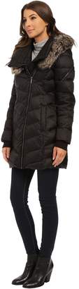 French Connection Drape Front Puffer Coat w/ Fur Trim