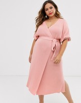 Thumbnail for your product : ASOS DESIGN Curve wrap dress in rib knit with volume sleeve