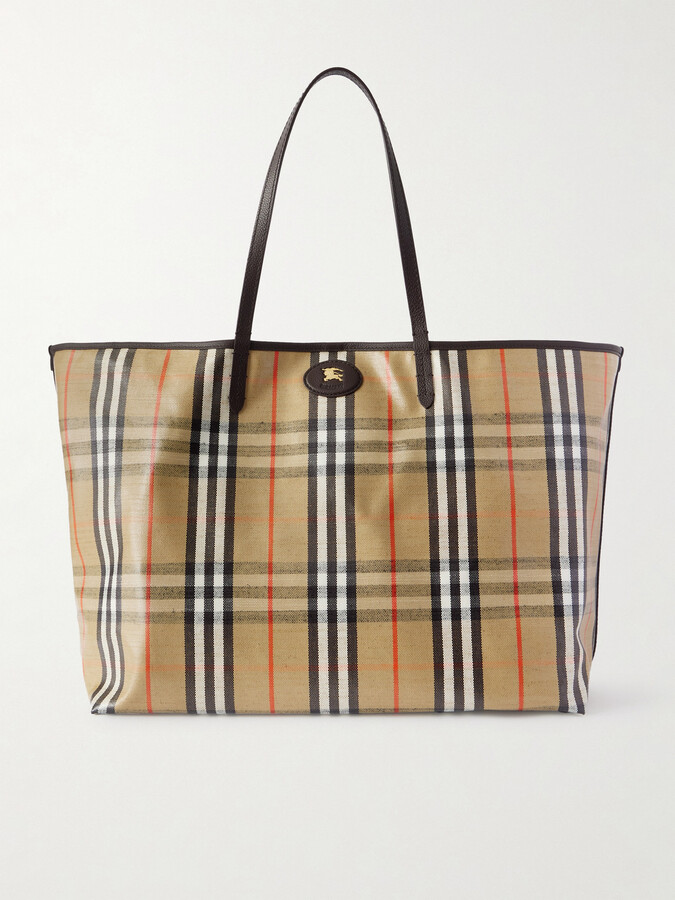Burberry Full-Grain Leather-Trimmed Checked Coated-Canvas Tote Bag