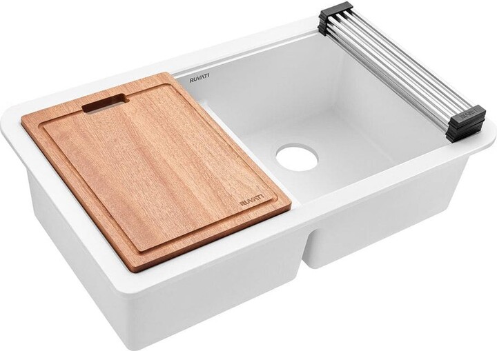 epiStage 32.5 in. Undermount Double Bowl Arctic White Granite Composite Kitchen Sink with Accessorise