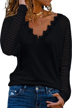 Black V-Neck Top with Sheer Mesh Sleeves