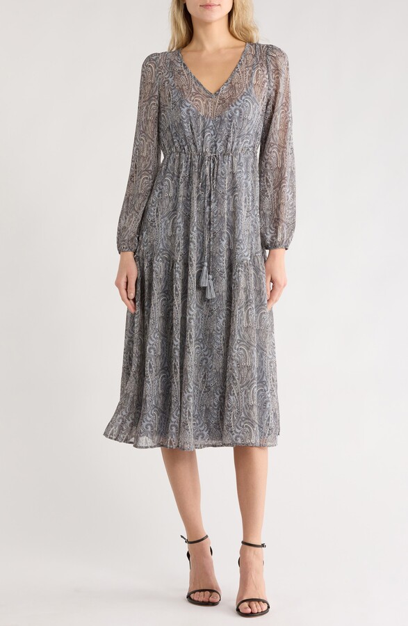 Love Stitch Paisley Long Sleeve Chiffon Midi Dress
