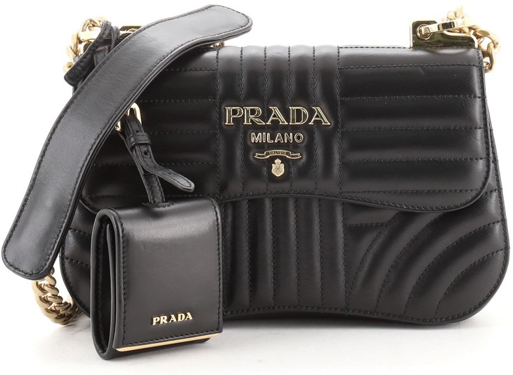 Prada Curved Flap Chain Shoulder Bag Diagramme Quilted Leather Small