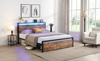 Queen Size Bed Frame with Storage Headboard, 2 Drawers, LED Lights, Charging Station, No Noise Metal Platform, Strong Metal Slats Support