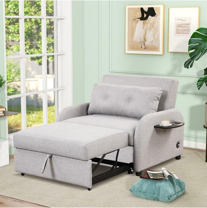 Maison Boucle Modern Linen Pull-Out Sleeper Sofa Bed with Usb Charger and Side Table for Living Room-Maison Boucle