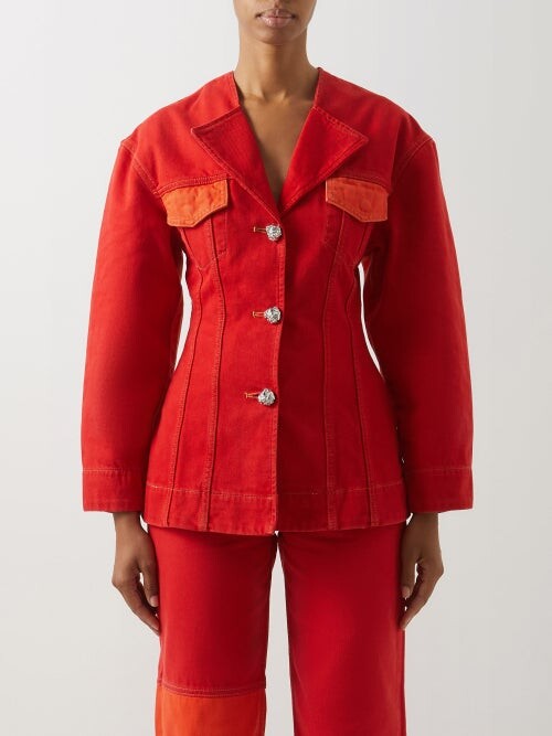 Ganni Colour-block Tailored Denim Jacket Orange ShopStyle