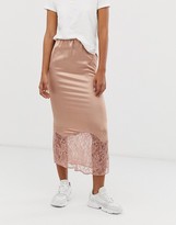 Thumbnail for your product : Asos Tall ASOS DESIGN Tall bias cut satin slip midi skirt with lace hem