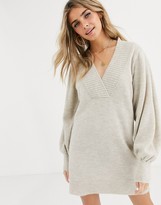 Thumbnail for your product : ASOS DESIGN deep v neck jumper dress with volume sleeve