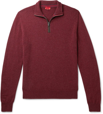Isaia Suede-Trimmed Cashmere Half-Zip Sweater