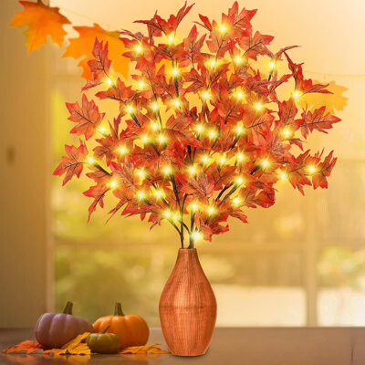 MAXAYA 30 Inch Fall Lighted Maple Branches - Faux Light Up Fall Maple Stems With 60 LED Lights, 120 Leaves (Maple), Brown, Yellow, Orange, 2D-QFY-30IN