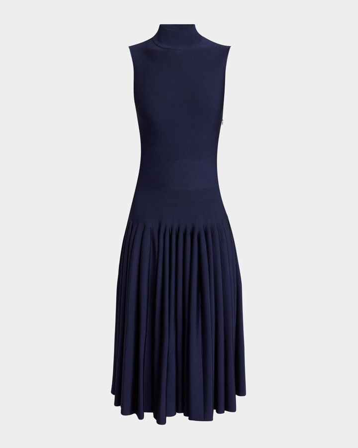 Alaia High-Neck Pleated Knit Midi Dress