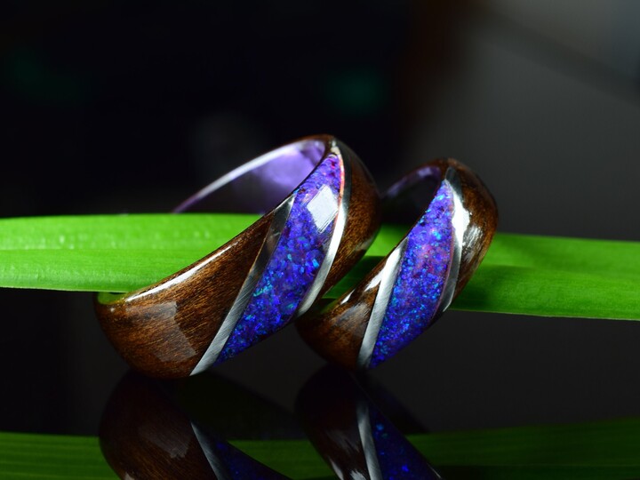 Fumed Eucalyptus With Crushed Lavender Opal & Stainless Steel On Purple Core Bentwood Ring Set, Wood For Men, Women