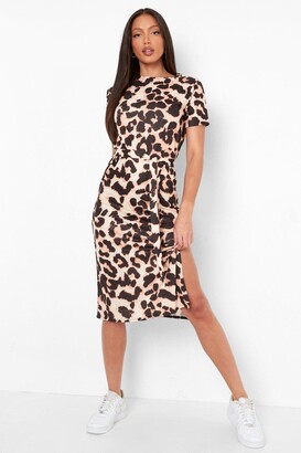 boohoo Tall Side Split Belted Leopard T-shirt Dress