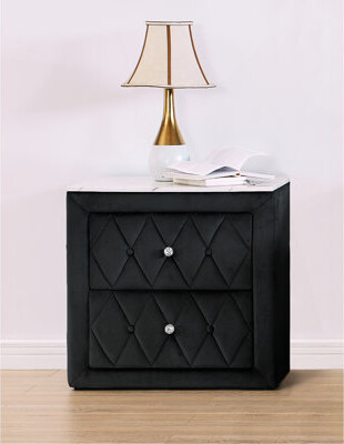 Everly Quinn Top Nightstand With 2-Drawer Storage Button Tufted Faux Crystal Design For Elegant Bedrooms