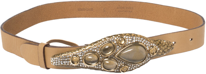 Roberto Cavalli Light Brown Leather Snake Head Crystal Embellished Buckle  Waist Belt 80CM - ShopStyle