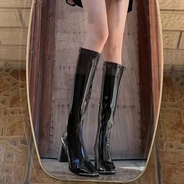others Kendall Jenner Sle Faux Leather High Top Booties Women & apos;s Chunky Heel High Heel Autumn Winter Fce Lined Knight Boots